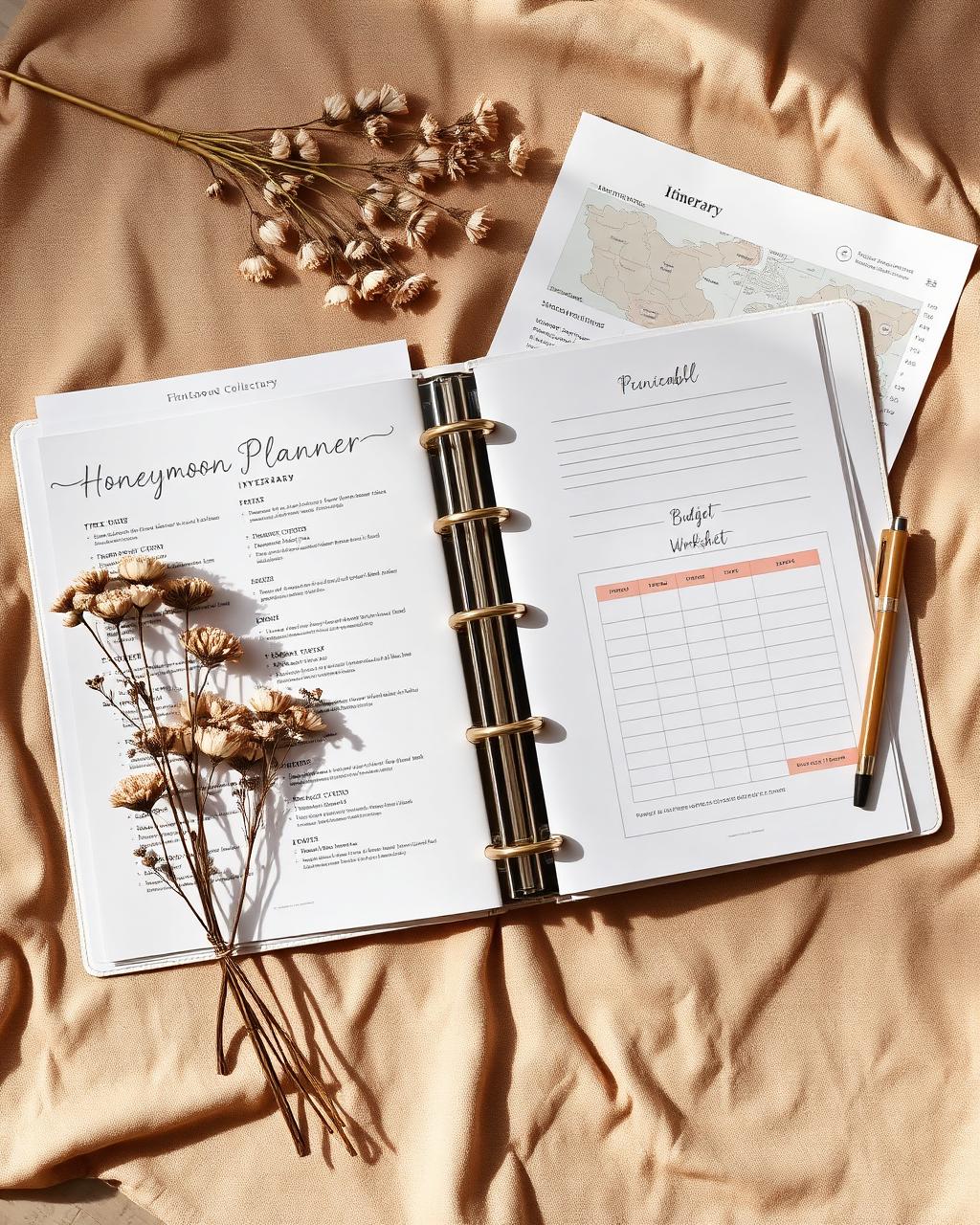 Personalised honeymoon plan pages with itinerary and budget worksheet