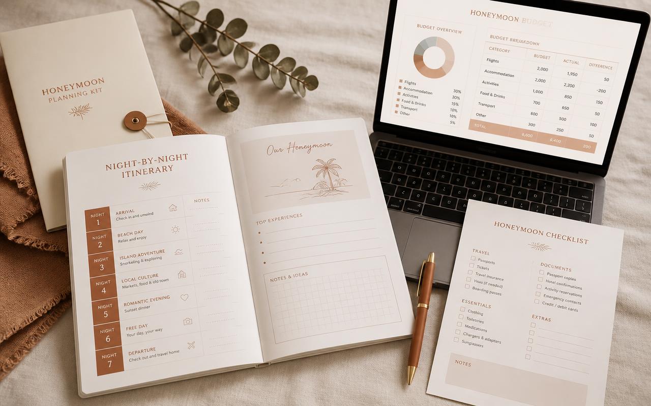 Honeymoon Planner Pro kit: printed night-by-night itinerary planner, budget spreadsheet dashboard on a laptop, and a fillable travel checklist