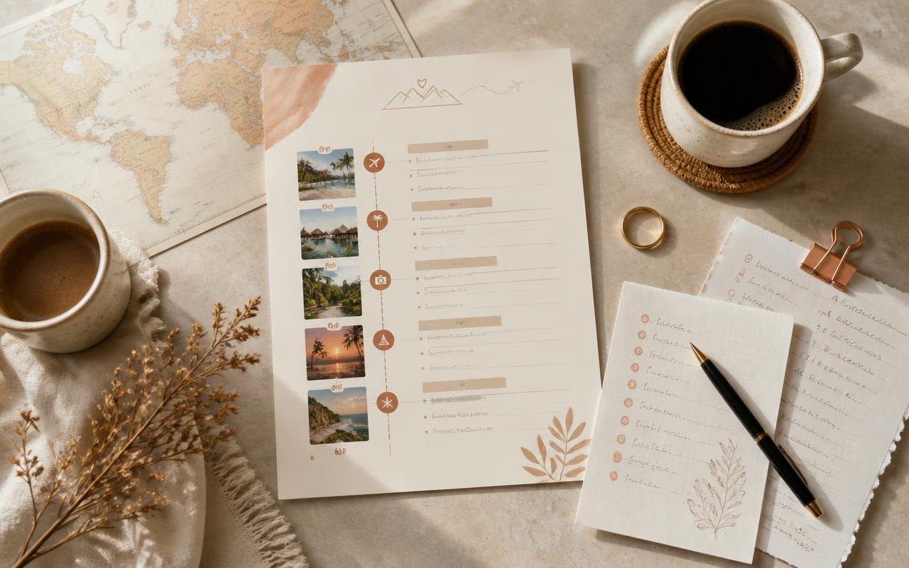 Custom honeymoon itinerary printed day by day beside handwritten notes, coffee and a world map