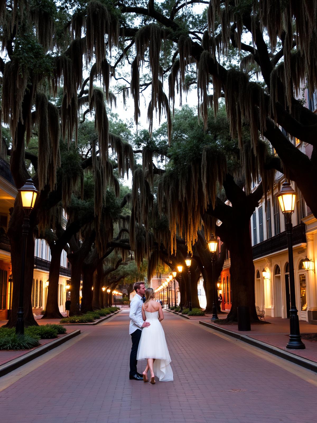 Savannah, Georgia honeymoon — spanish moss, gaslamp glow
